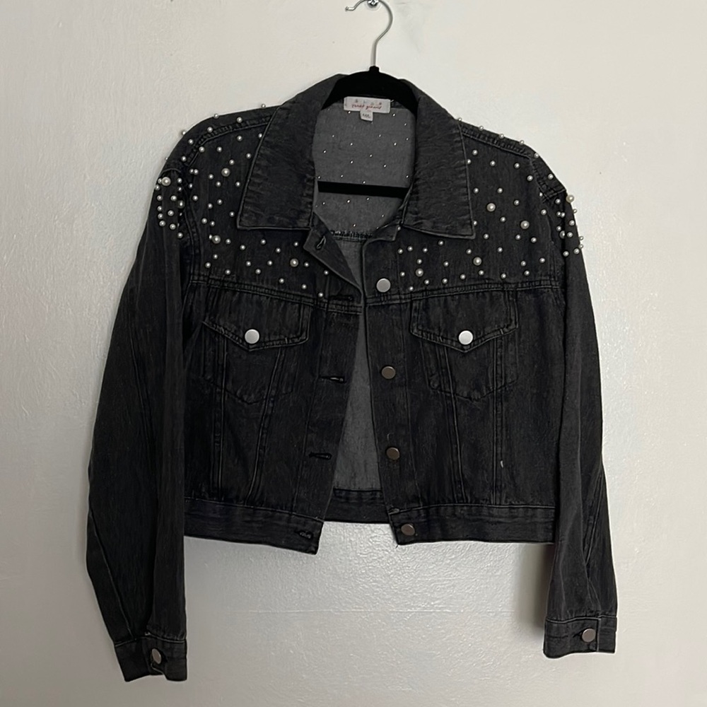 Pearl beaded cropped denim jacket